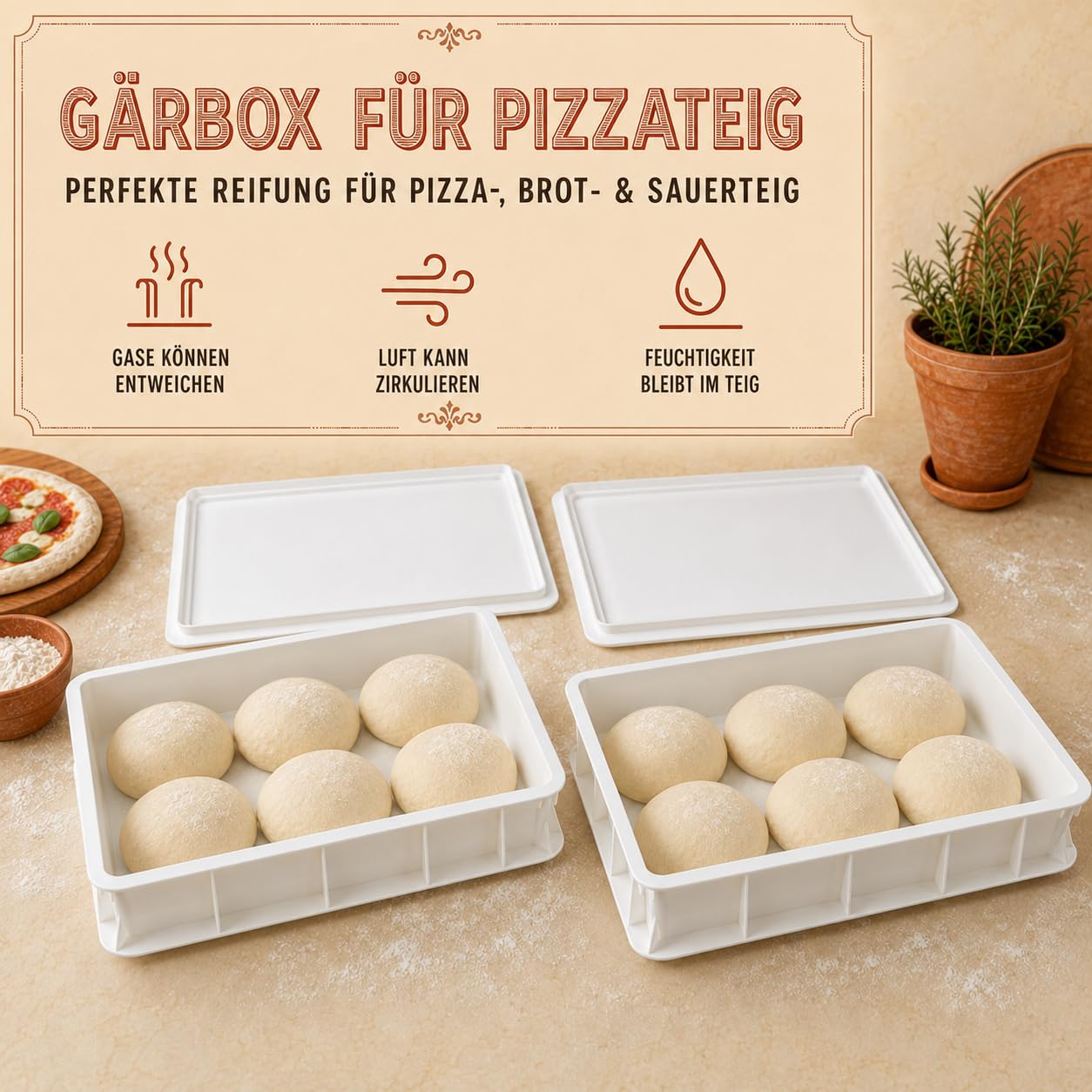 Pizza Lover 2 x pudełko na pizzę z 2 pokrywkami – stabilne pudełko na ciasto do pizzy 30 x 40 x 7,5 cm, pudełko do fermentacji ciasta na pizzę i ciasto, można układać w stos i nadaje się do kontaktu z