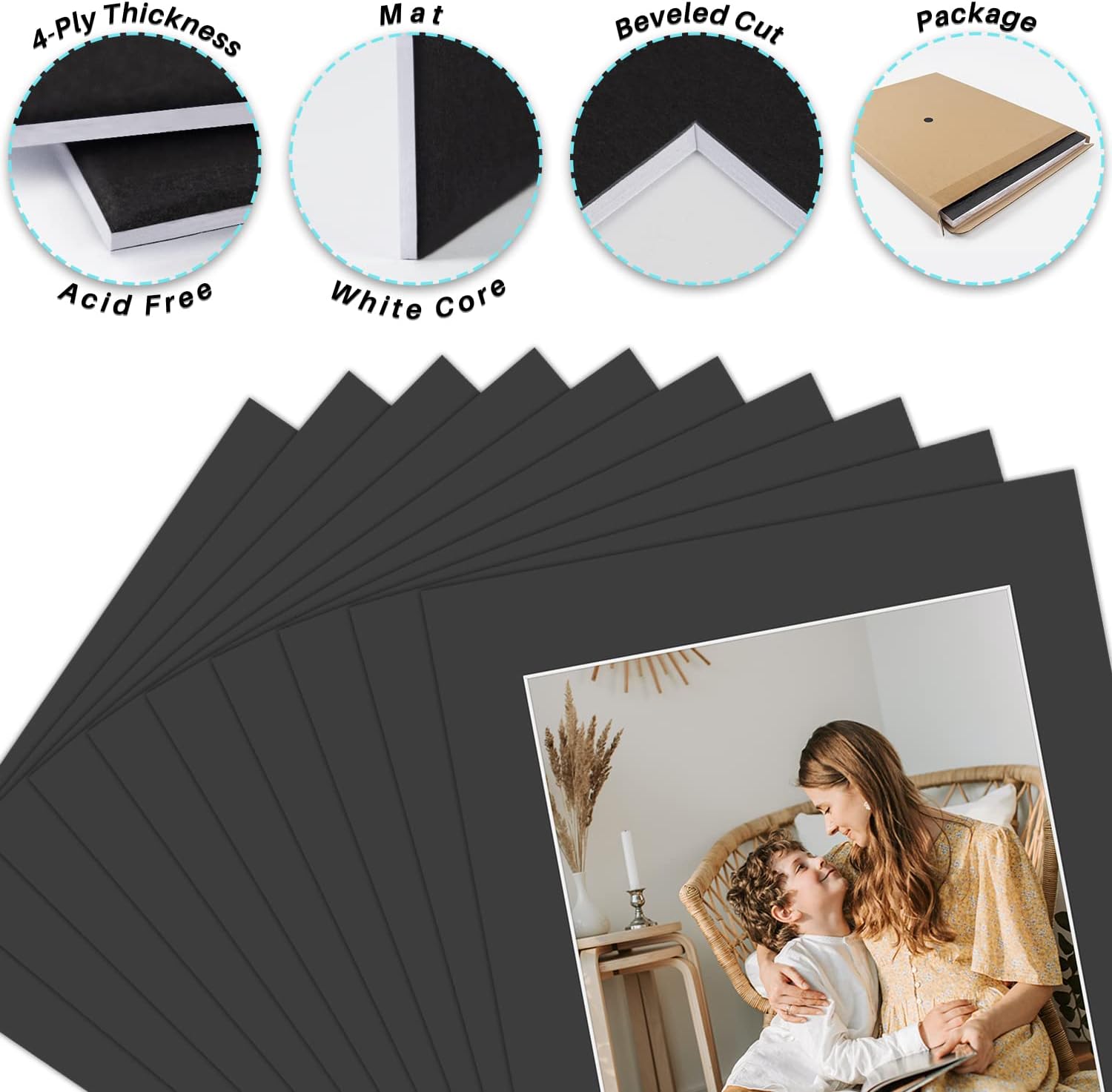 Golden State Art, Acid Free, Pack of 10 Black Pre-Cut 11x14 Picture Mat for 8.5x11 Photo with White Core High Premier Bevel Cut Mattes