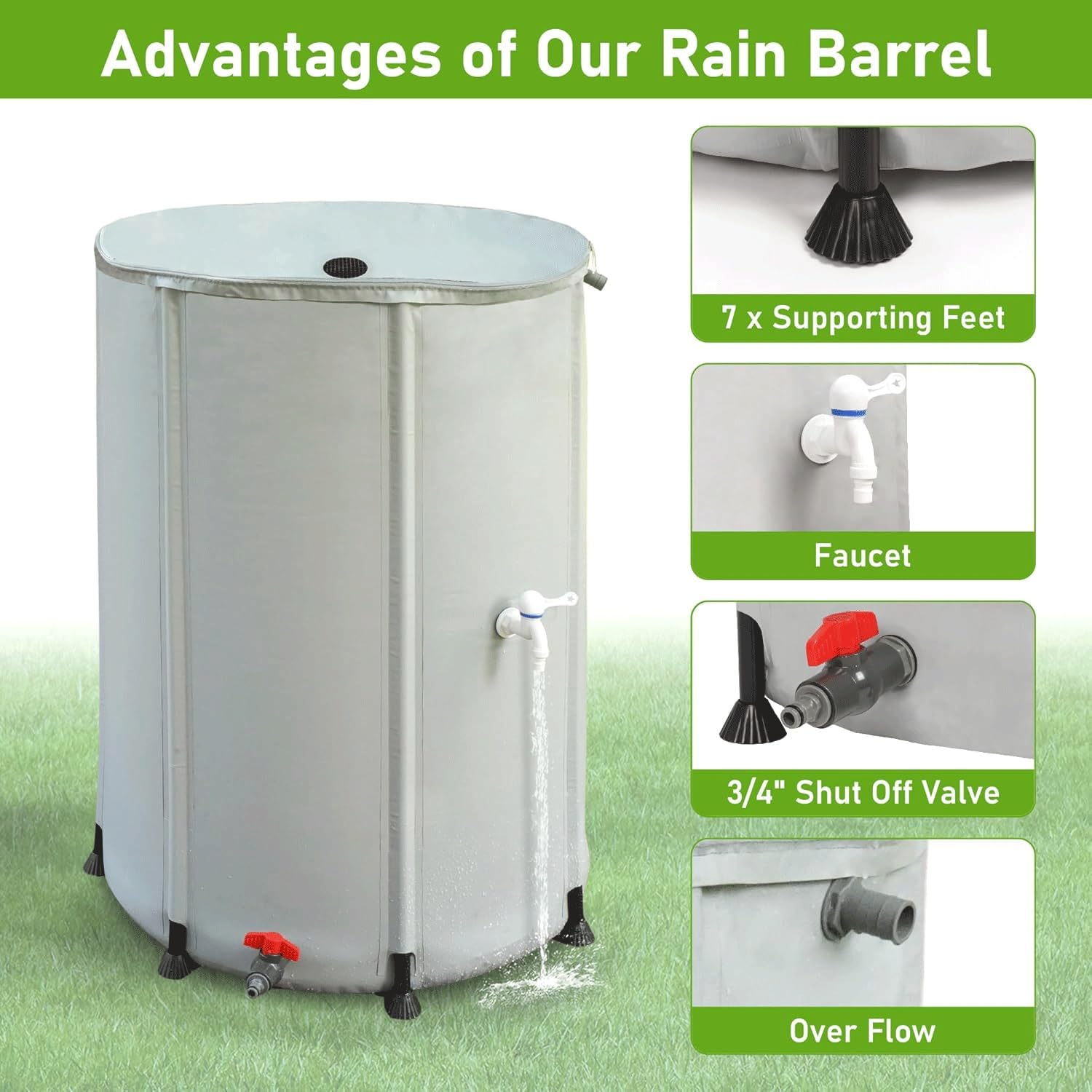 Sistema De Recolección De Agua De Lluvia - Cubo Plegable con Soporte, Grifo, Tapa con Cremallera Y Válvula De Drenaje | Ideal para Riego De Jardines Y Lavado De Coches(50L)