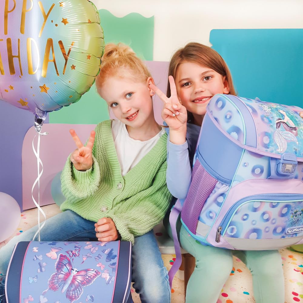HERLITZ Loop Butterfly Paradise Schulranzen, Rucksack für Kinder, Schulrucksack 17L, Kinderrucksack, Leicht Schultasche für Mädchen, Reflexmaterial, Schnallenverschluss, Ergonomische Form, Hellviolett