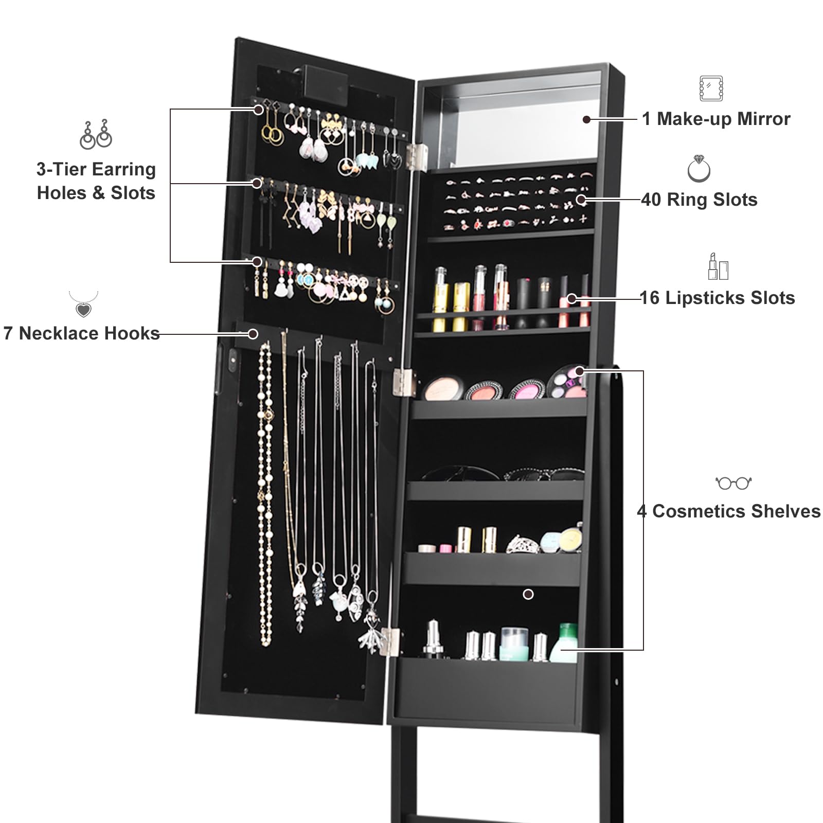 HOMASIS Armario Joyero de Suelo Con Espejo y Luces LED - Contenedor Con Marco para Joyas, Cosméticos - para Cama, Baño (Negro)