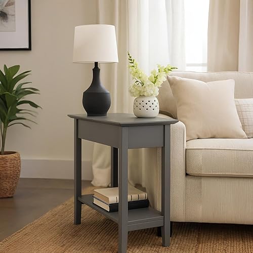 Naomi Home Roxy Mesa auxiliar estrecha: elegante mesa auxiliar delgada con almacenamiento superior abatible y estante abierto, mesita de noche gris