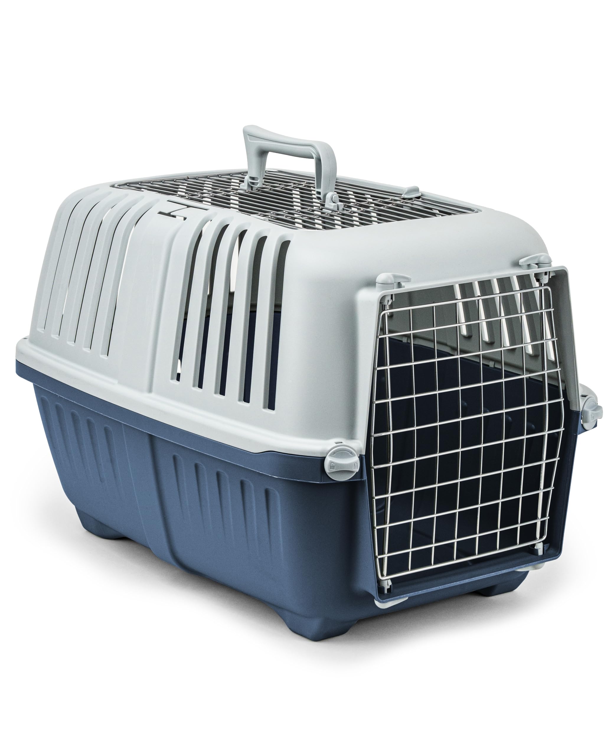 lionto Caja de Transporte 58,5x35,5x40 cm, plástico con Rejilla metálica, con asa y Cierre, para Perros, Gatos y Animales pequeños de hasta 15 kg, Azul