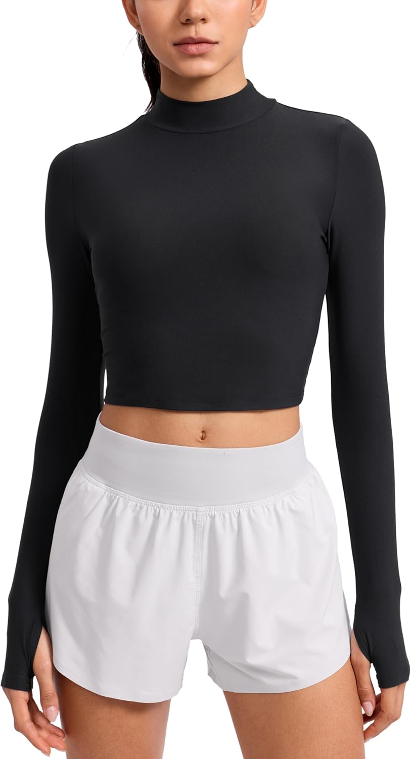 CRZ YOGA Cloudweight Crop Mock Neck Shirts for Women - Workout Athletic Gym Long Sleeve Tops Soft T-Shirt with Thumb Hole
