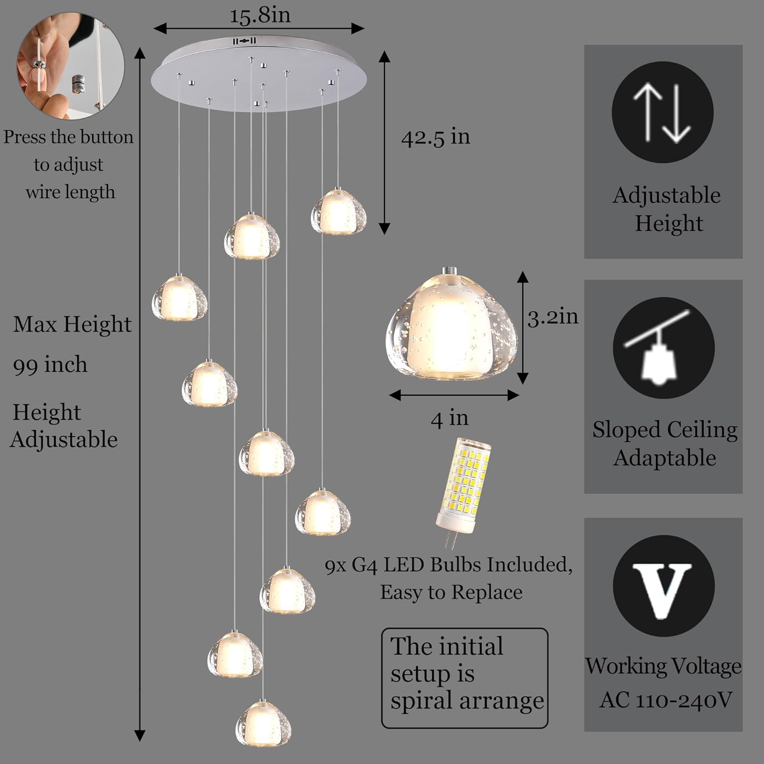 Chrome Crystal Chandeliers for Staircase 9-Lights, H99 Inches Modern Indoor High Ceilings LED Pendant Light Fixture for Living Room Foyer Entryway