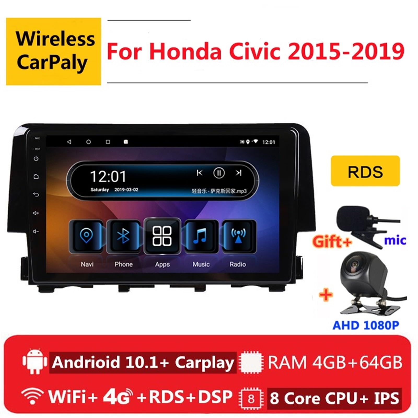 2 Din 8 rdzeń Android 10 Radio samochodowe Auto Stereo, dla Civic, 2015 2016 2017 2018 2019 nawigacja GPS odtwarzacz multimedialny DVD