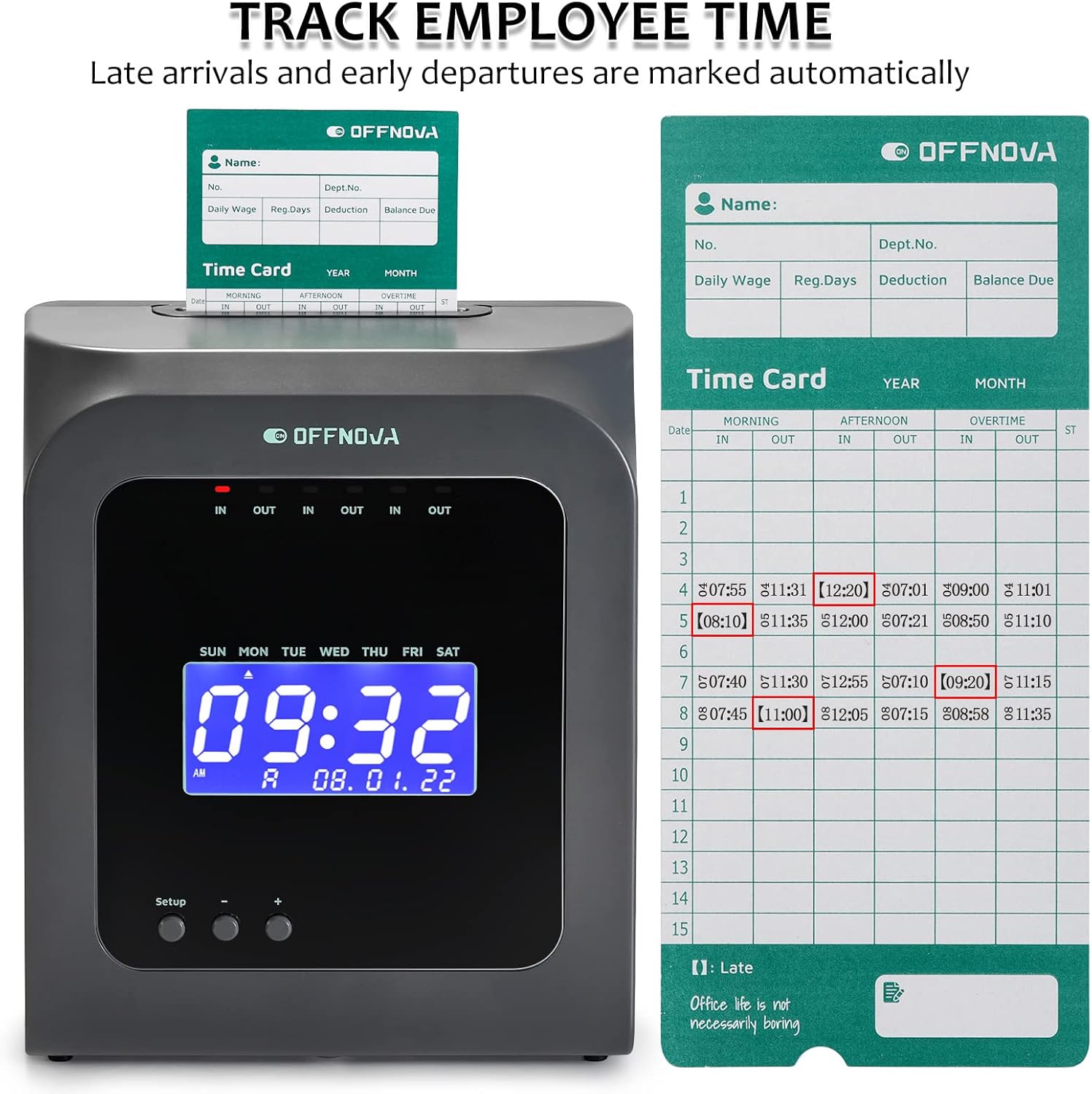 OFFNOVA Upgraded Thermal Time Clock for Employees Small Business, 12/ 24 hrs Alternative Time Clock,No Ink Ribbons or Network Needed, in/Out Time Attendance Machine with 50 Time Cards