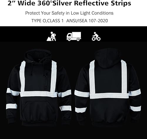 Miniatura 6 de VENDACE Hi Vis - Sudadera con capucha reflectante de seguridad para hombre, ANSI Clase 3, de forro polar, de alta visibilidad, color negro, talla L