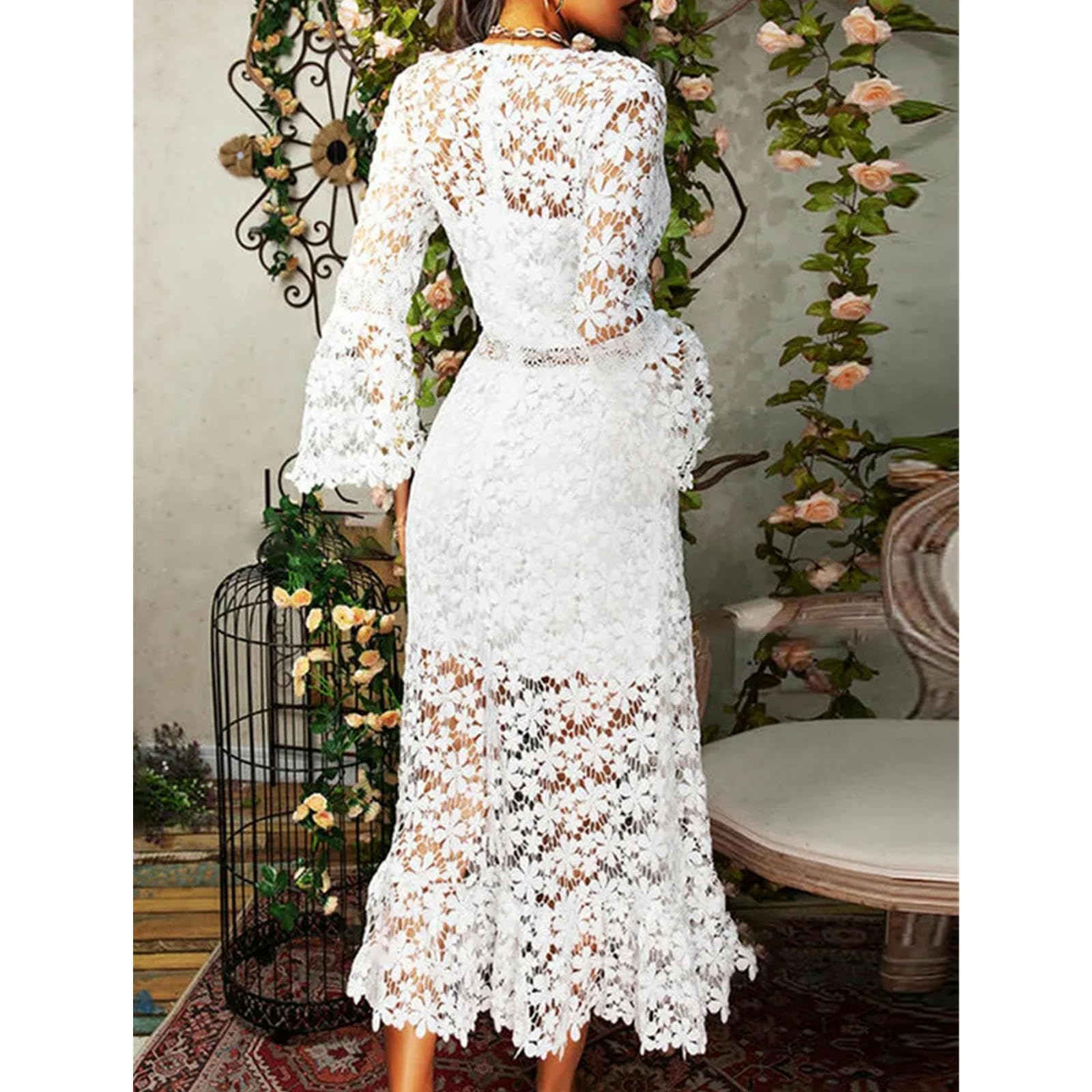 TEidea Vestito Donna Elegante Donne in Pizzo: Elegante Scollo A V, Polsini Fluidi, Abito da Festa Vuoto Casual