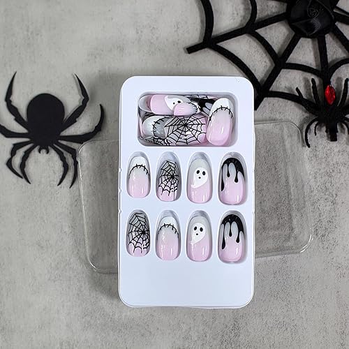 Miniatura 5 de Uñas postizas ovaladas a presión de Halloween, uñas acrílicas de color rosa degradado con diseño de fantasmas, uñas con pegamento en las uñas