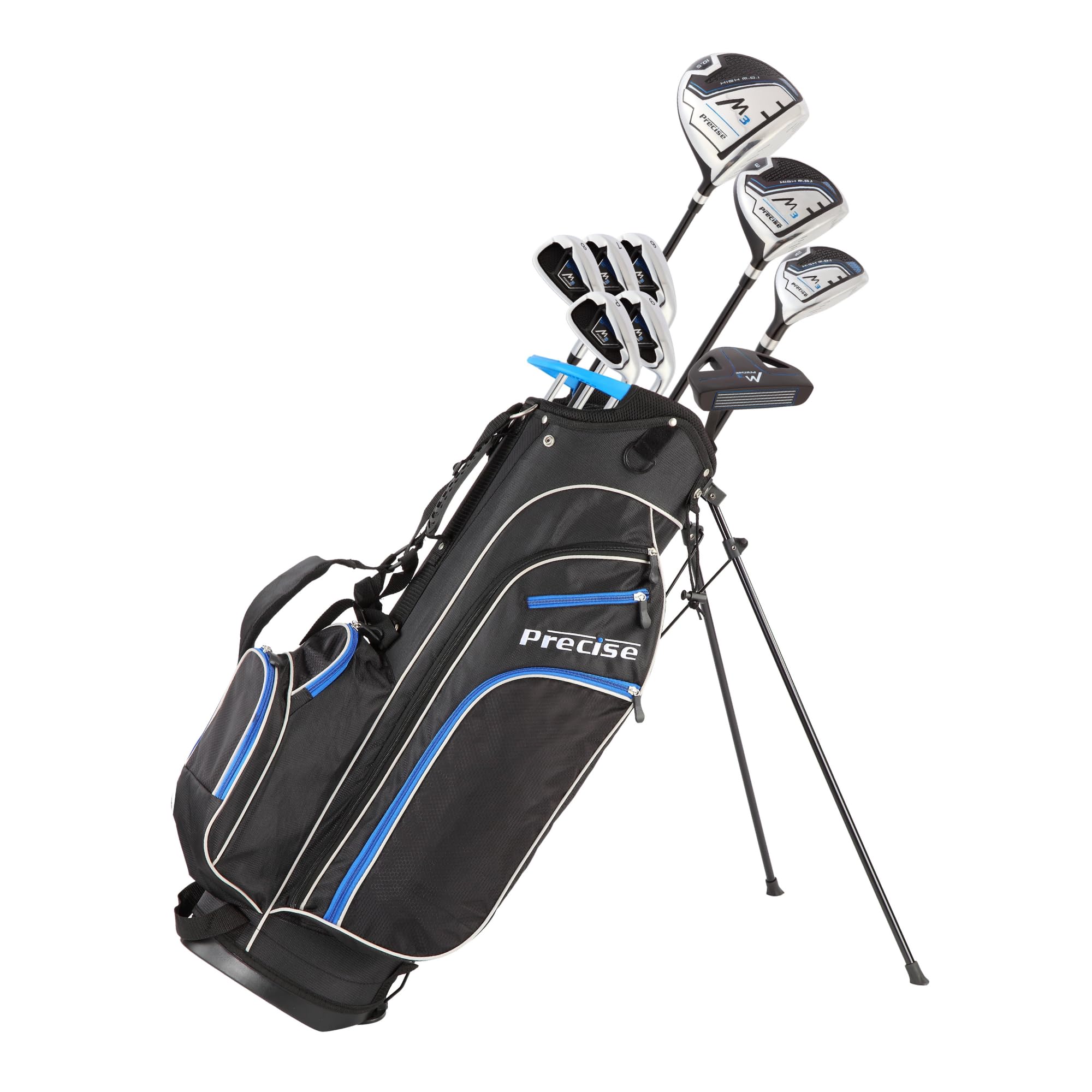 Precise M3 Men's Complete Golf Club Set – Includes Driver, Fairway Wood, Hybrid, 6-PW Irons, Putter, Stand Bag & Headcovers – Right-Handed – Regular, Petite & Tall Sizes