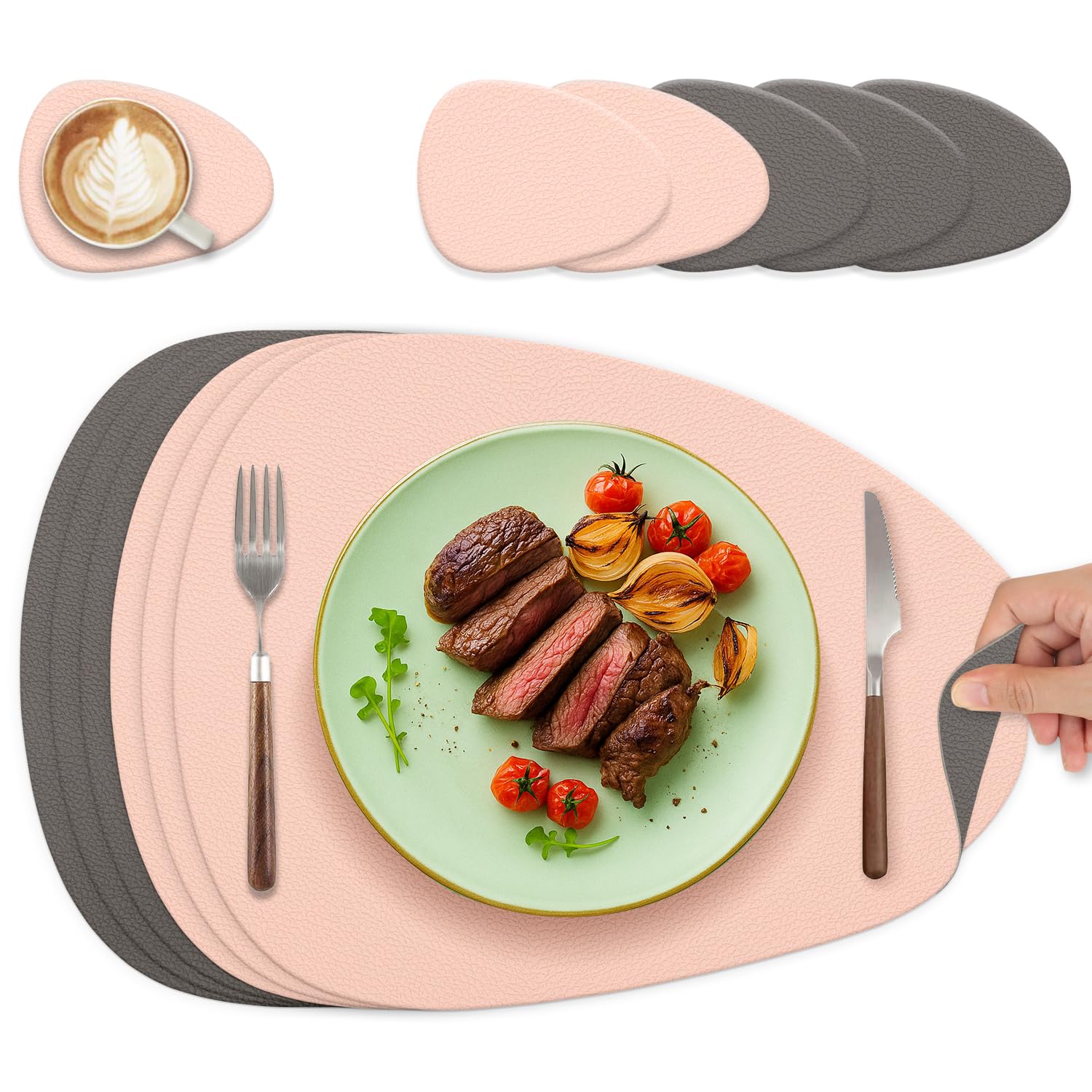 Tischsets Abwaschbar und Untersetzer, Oval Platzset Leder Platzdeckchen Abwaschbar Doppelseitigen Tischsets Umkehrbares Tischset rutschfest Lederoptik