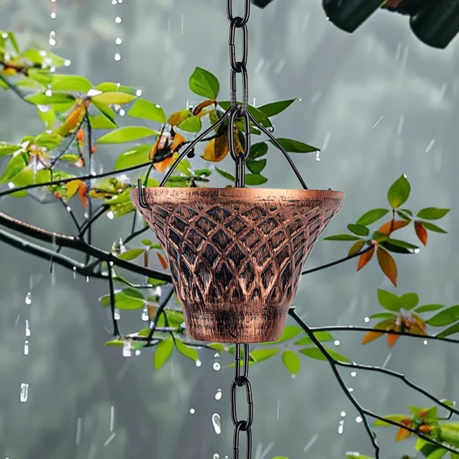 Pure Copper Garden Rain Chain 9FT Decorative Downspout Extension with 12 Cups for Roof Garden Gazebo Drainage Water Flow Outdoor Home Decor