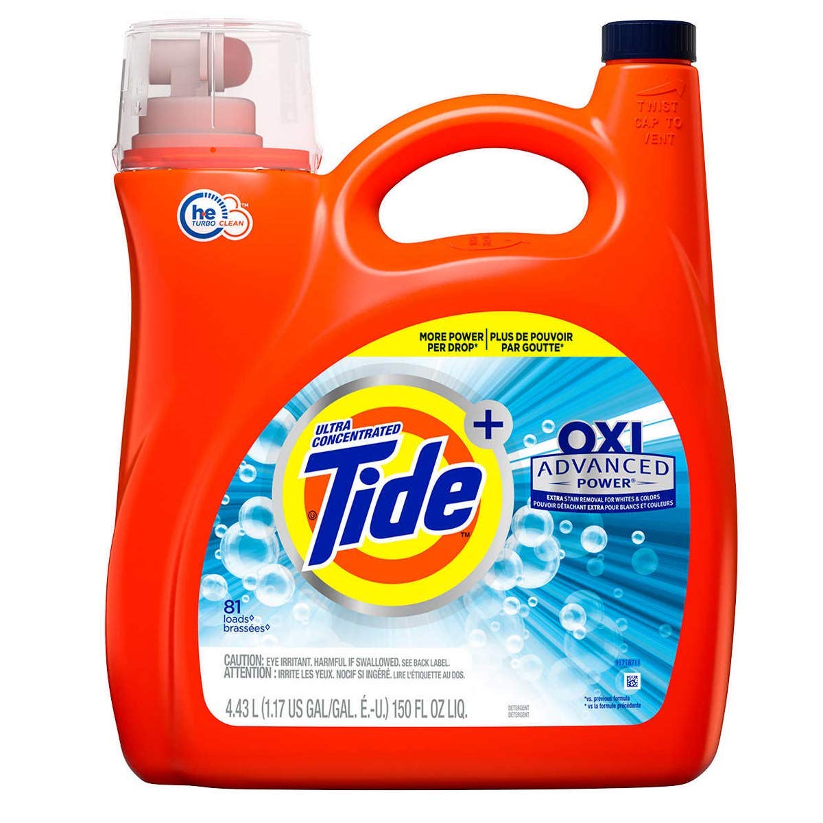 Tide Oxi + Advanced Power Ultra Concentrate, High Efficiency Turbo Clean, Liquid Laundry Detergent 150 Fl.Oz / 4.43 L - 81 Loads, Extra Stain Removel for Whites & Color