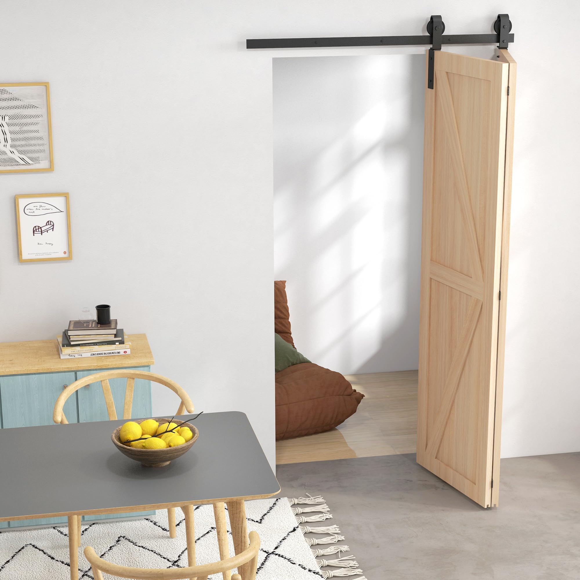 HOMCOM 122 CM Quincaillerie de Porte Coulissante Pliante 2 Portes Noir | Kit de Rails de Porte Coulissante Pliable, en Acier, avec Cintre en Forme de J