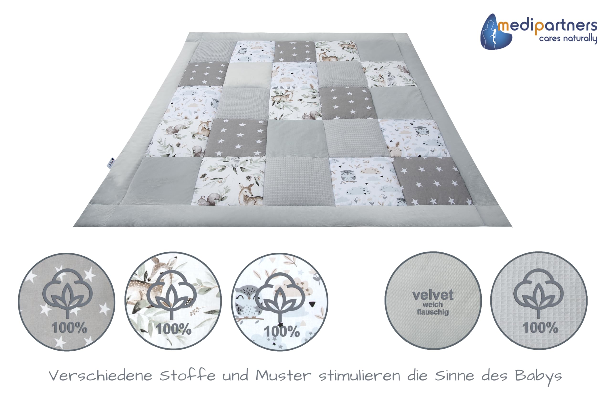 Medi Partners Krabbeldecke für Baby Spielmatte 100% Baumwolle Krabbelmatte - 120x120cm Krabbeldeck Dick Weich Decke Laufgittereinlage Babydecke Minky Waffel Spielbogen (Hirsch in Blättern) - 4