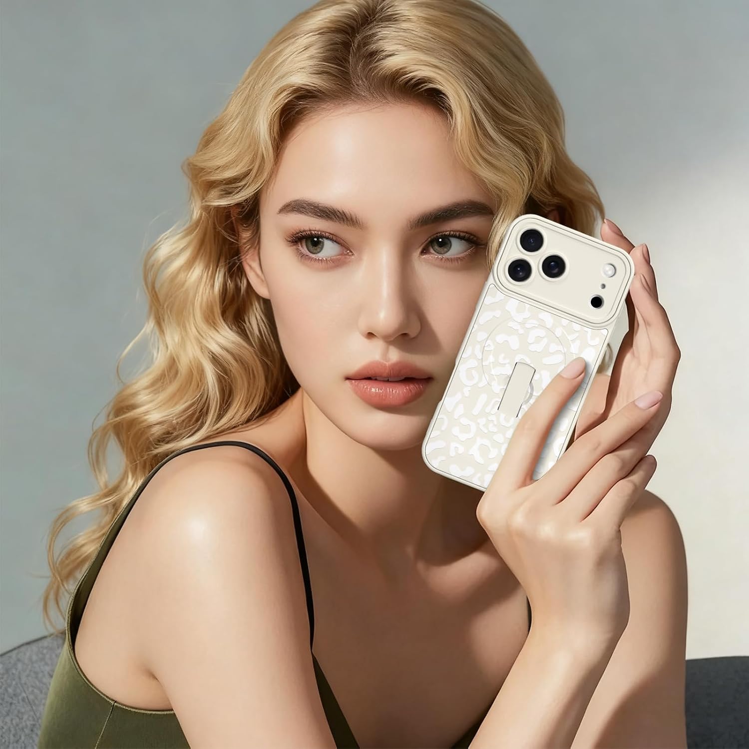 DOTARA Compatible with iPhone 17 Pro Max Case with Finger Strap Kickstand, White Leopard Cheetah Pattern Compatible with Magsafe, Camera Protection Shockproof Slim Cover for Women Girls - Image 6