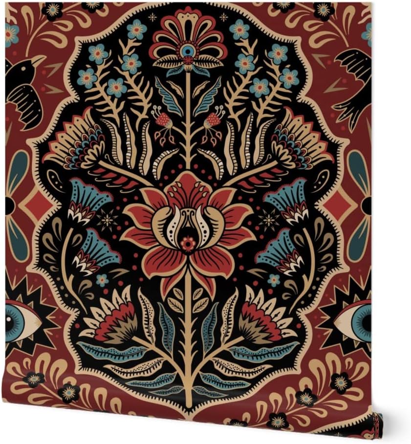 Spoonflower Peel & Stick Wallpaper 3ft x 2ft - Maximalist Folk Damask Mystical Eye Vintage Gold Red Blue Gothic Folklore Flowers Custom Removable Wallpaper