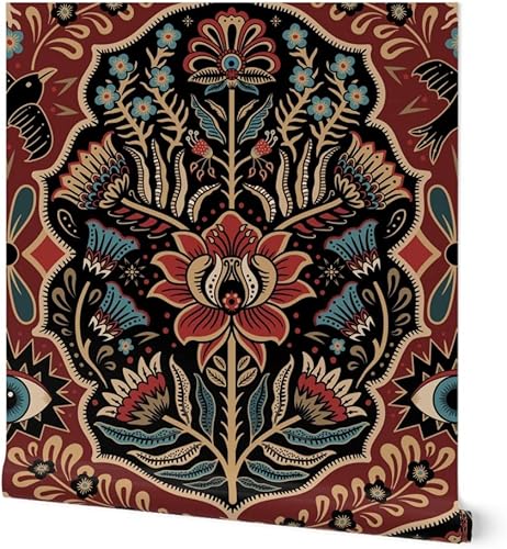Spoonflower Papel tapiz autoadhesivo de 9 x 2 pies  Maximalist Folk Damask Místico Ojo Vintage Dorado Rojo Azul Gótico Folclore Flores