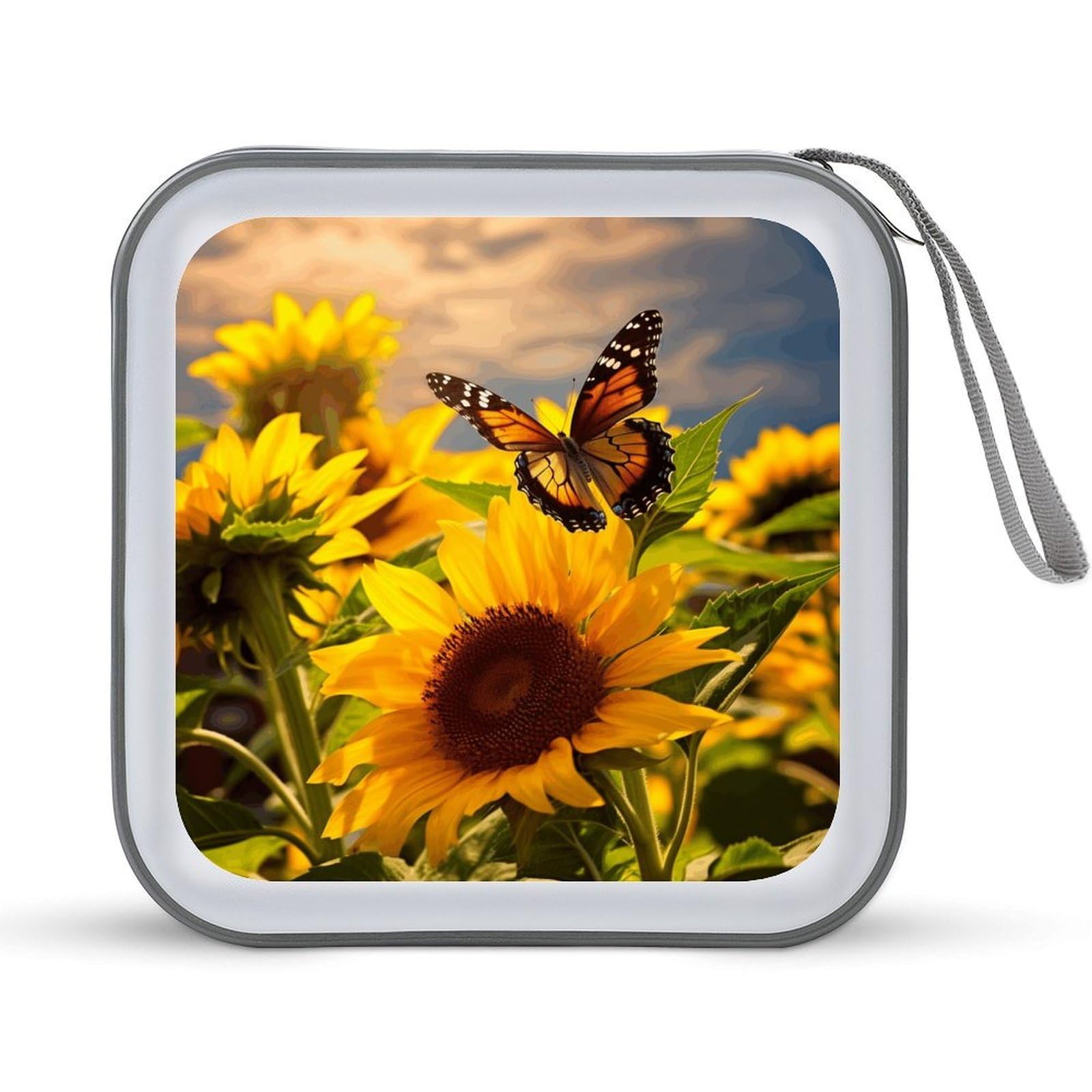 VstaDank - 40 Capacity Sunflower Butterflies CD Case with Zipper Disc Organizer, Portable Hard Plastic CD Storage Organizer