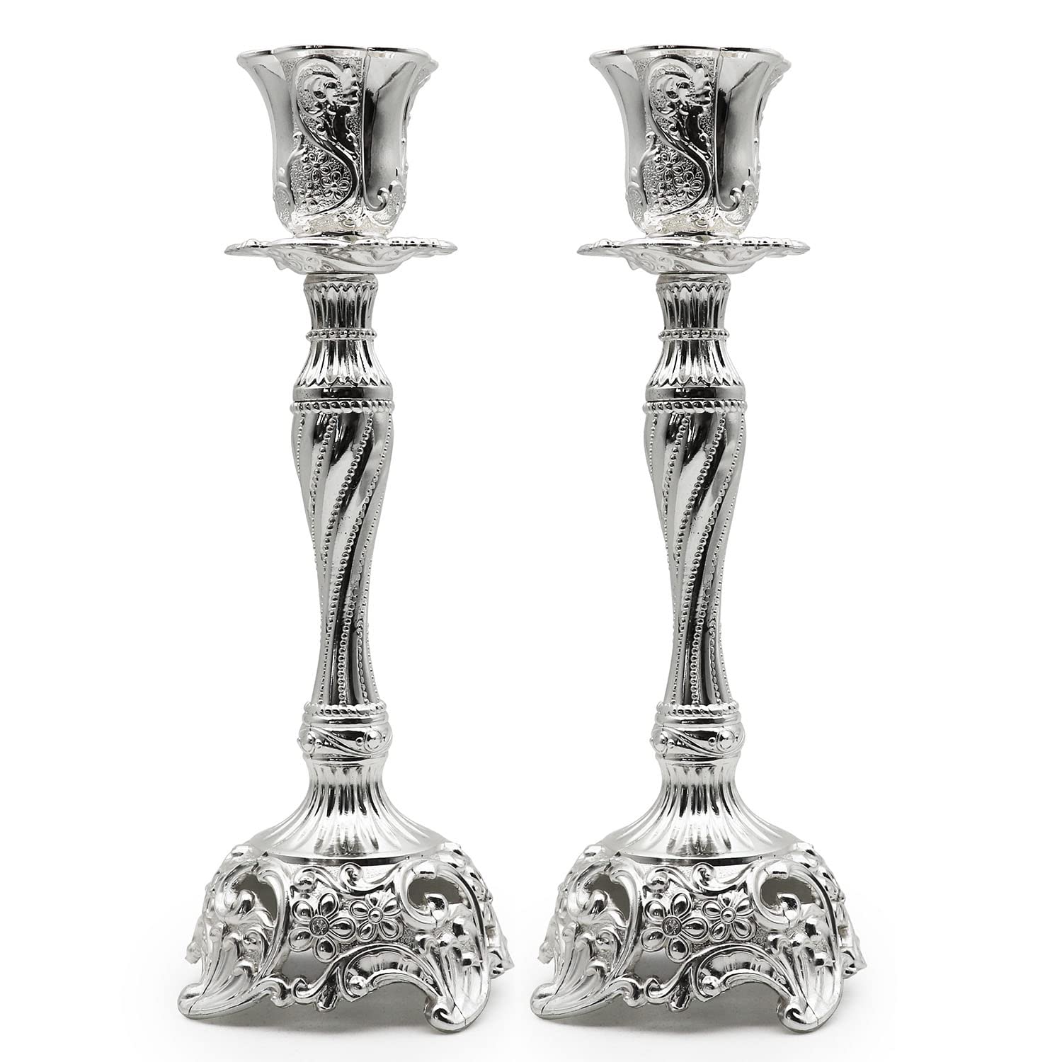 Set of 2 Candlestick Holders, Metal Candle Holder Candle Stand for Shabbat Taper Candles, Candle Centerpiece, Wedding Candles, Home Coffee Table Decor Ornament, Long Silver GB038-LSL