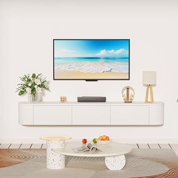 140cm Floating Tv Stand Cabinet Wall Mounted Tv Unit with Doors And Drawers Media Wall Unit Large Storage Console Table for Living Room Bedroom and Office, White