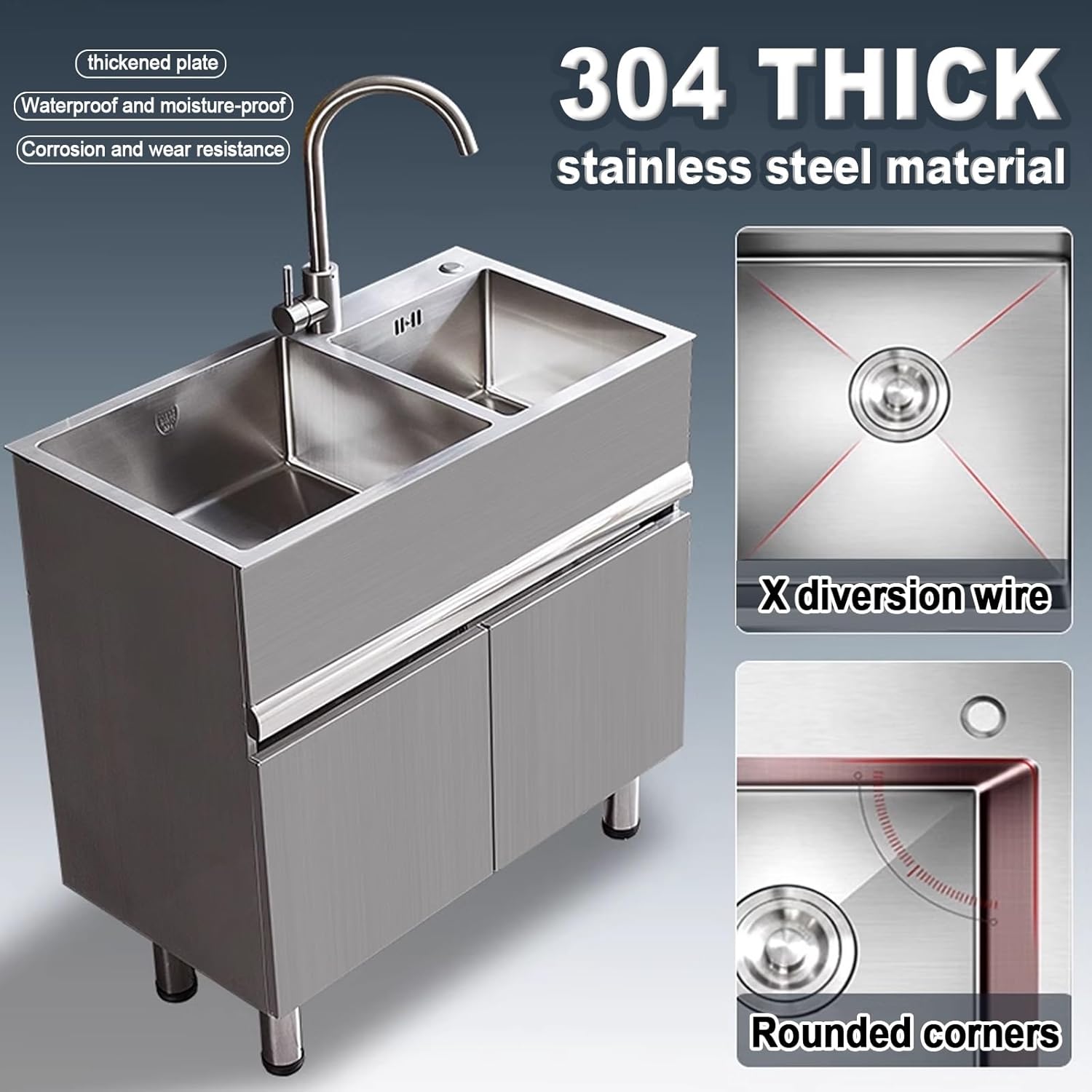 Utility Sink,Kitchen Sink with Cabinet,Commercial Utility Sinks for a Laundry Room,Freestanding Bathroom Sink,Pet Wash Station,Faucet and Drainage Pipe,Stainless Steel Material,Sturdy,High