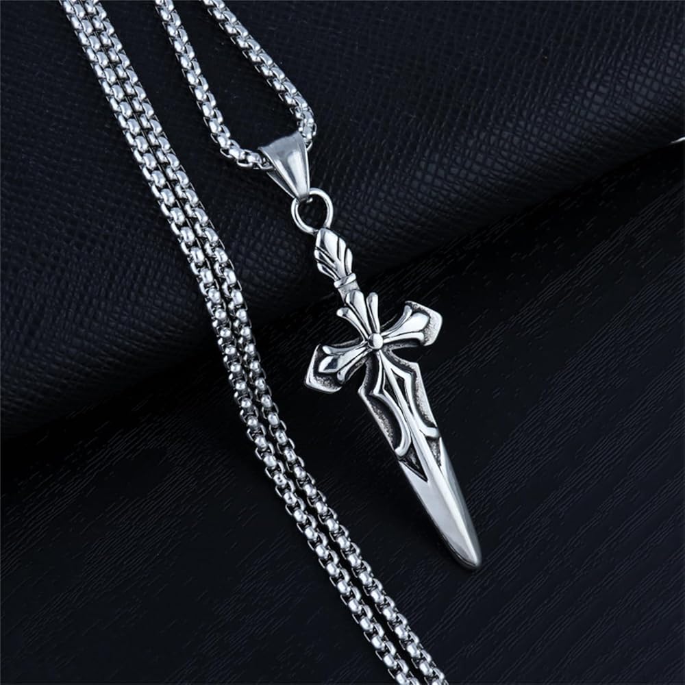 Vintage Gothic Sword Necklace Punk Style Stainless Steel Cross