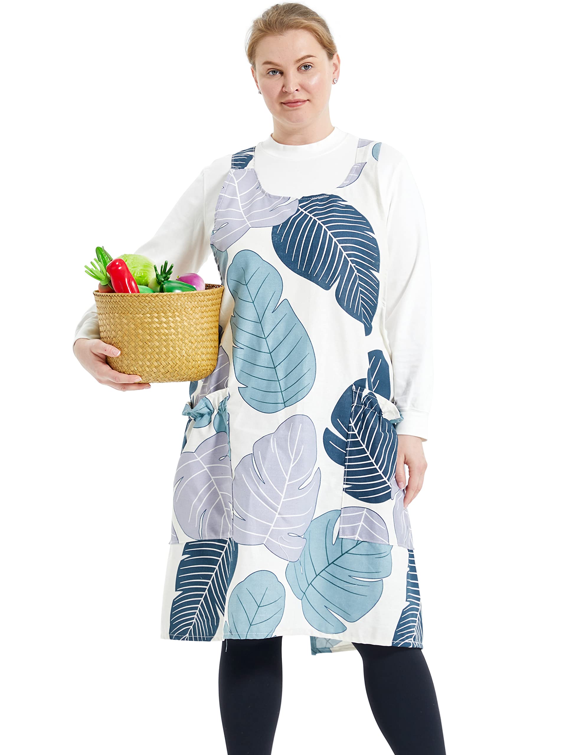 Big Plus Size Aprons for Women with Pockets Cotton Linen Baking Kitchen Cooking, Banana Leaf, Large