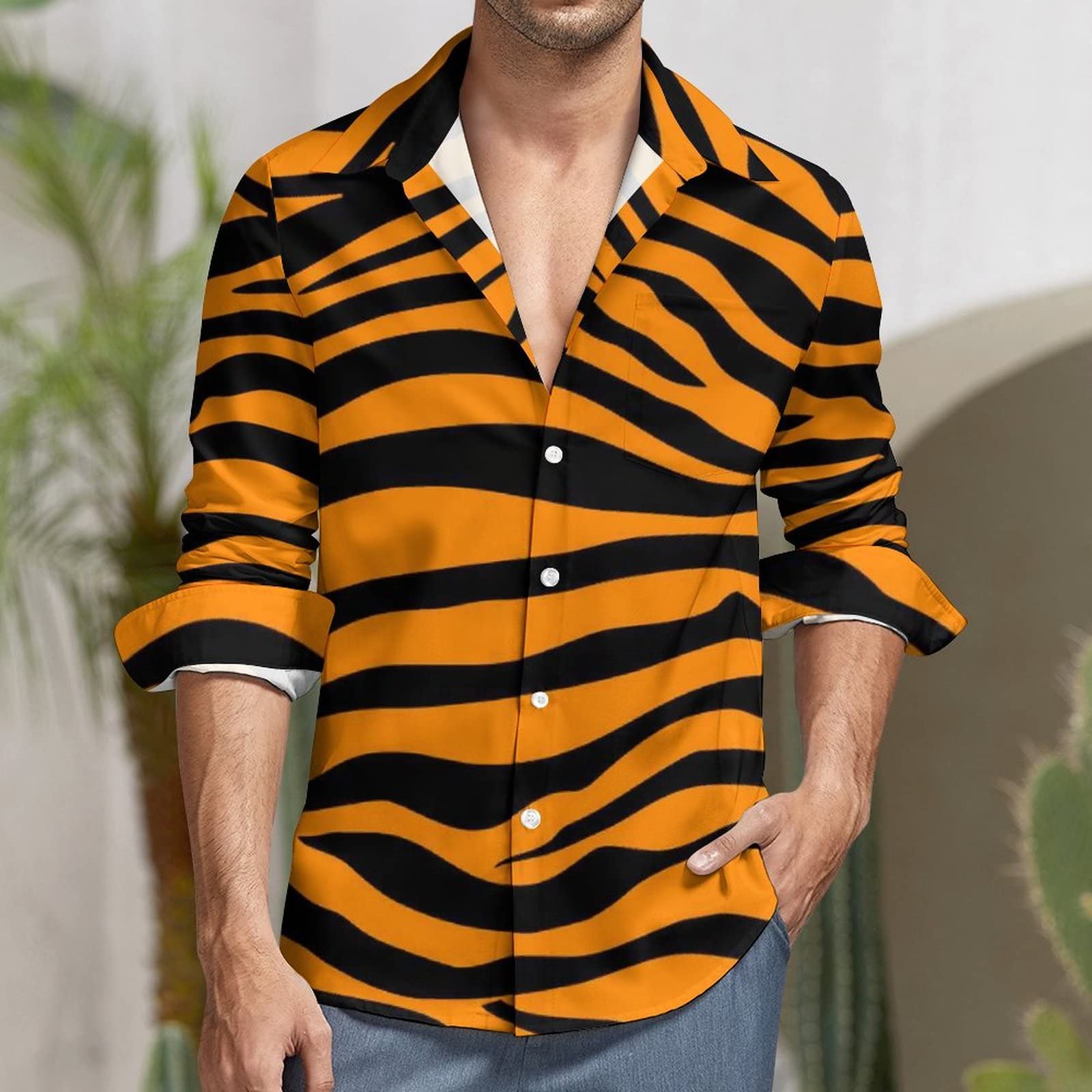Amazon.co.jp: タイガーオレンジストライプ メンズ長袖シャツ 快適な