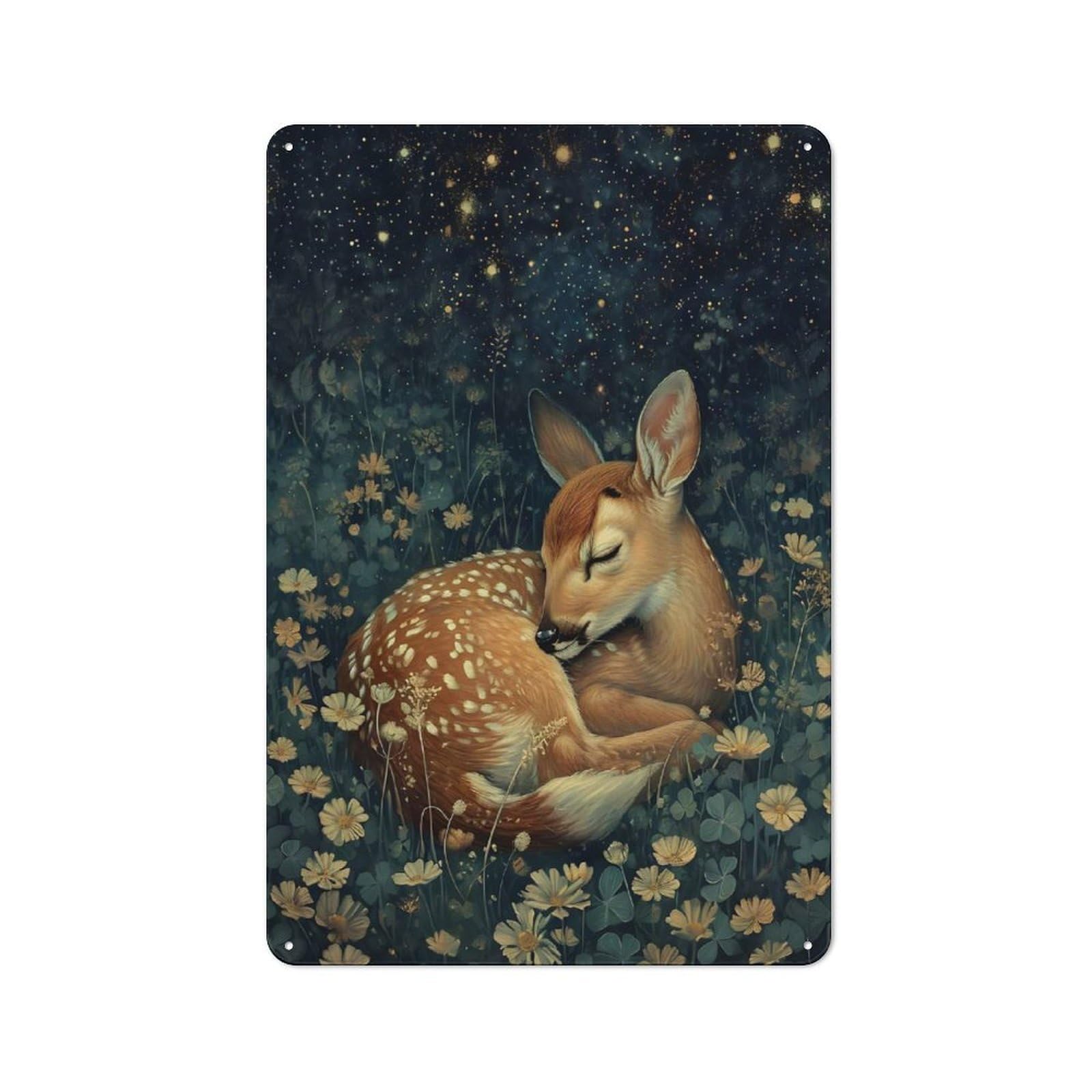 Junmoney Sleeping Fawn Under Starry Night Sky Kitchen Metal Sign With Design 30X20cm, Classic Diner Style Decor For Coffee Bar, Kitchen, Bistro Or Tea Corner