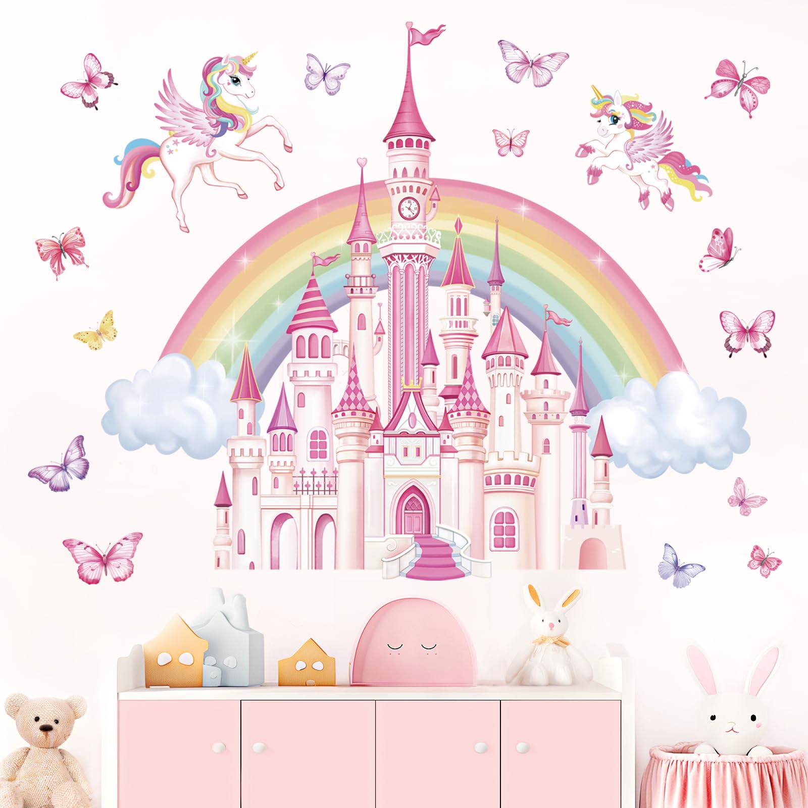 wondever Rainbow Castle Wall Stickers Fairy Tale Unicorn Butterfly Peel and Stick Wall Art Decals for Baby Nursery Girls Bedroom Toddler Room - Image 2