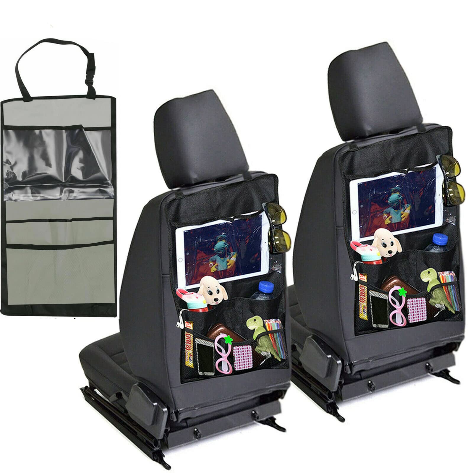 2 Packs Car Organiser Car Seat Organiser Tablet Holder Storage Kick Mats Kids Toys iPad Tablet Pockets (Grey X2)