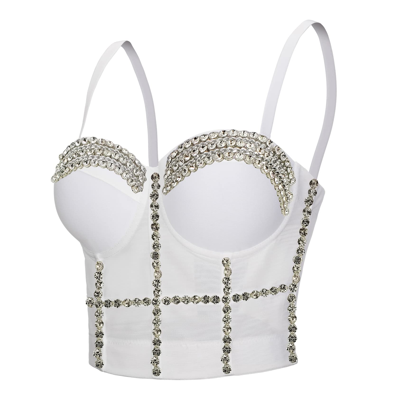 Womens Handmade Rhinestone Diamond Push up Bustier Crop Top Punk Corset Bra Vest