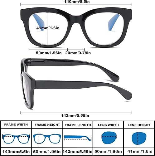 Miniatura 5 de Gafas de lectura de gran tamaño para mujer, paquete de 3 lectores de bisagra de resorte con bloqueo de luz azul (negro y violeta leopardo y leopardo