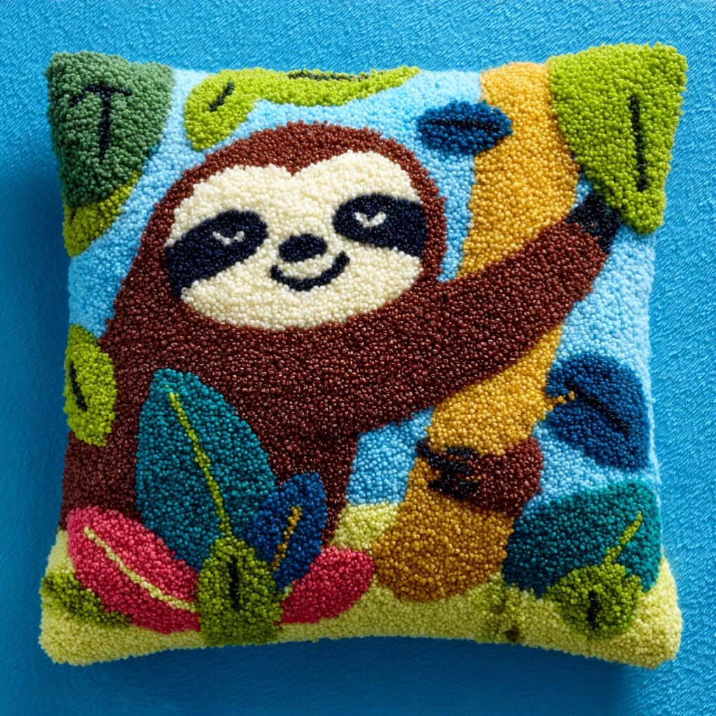 AxiangziK Latch Hook Pillow Kit for Adults,Sloths 17X17In Latch Hook Kit for Pillow Cover with Instruction for Beginner Cross Stitch Sofa Cushion Cover with Crochet Yarn for Beginners and Home Decor