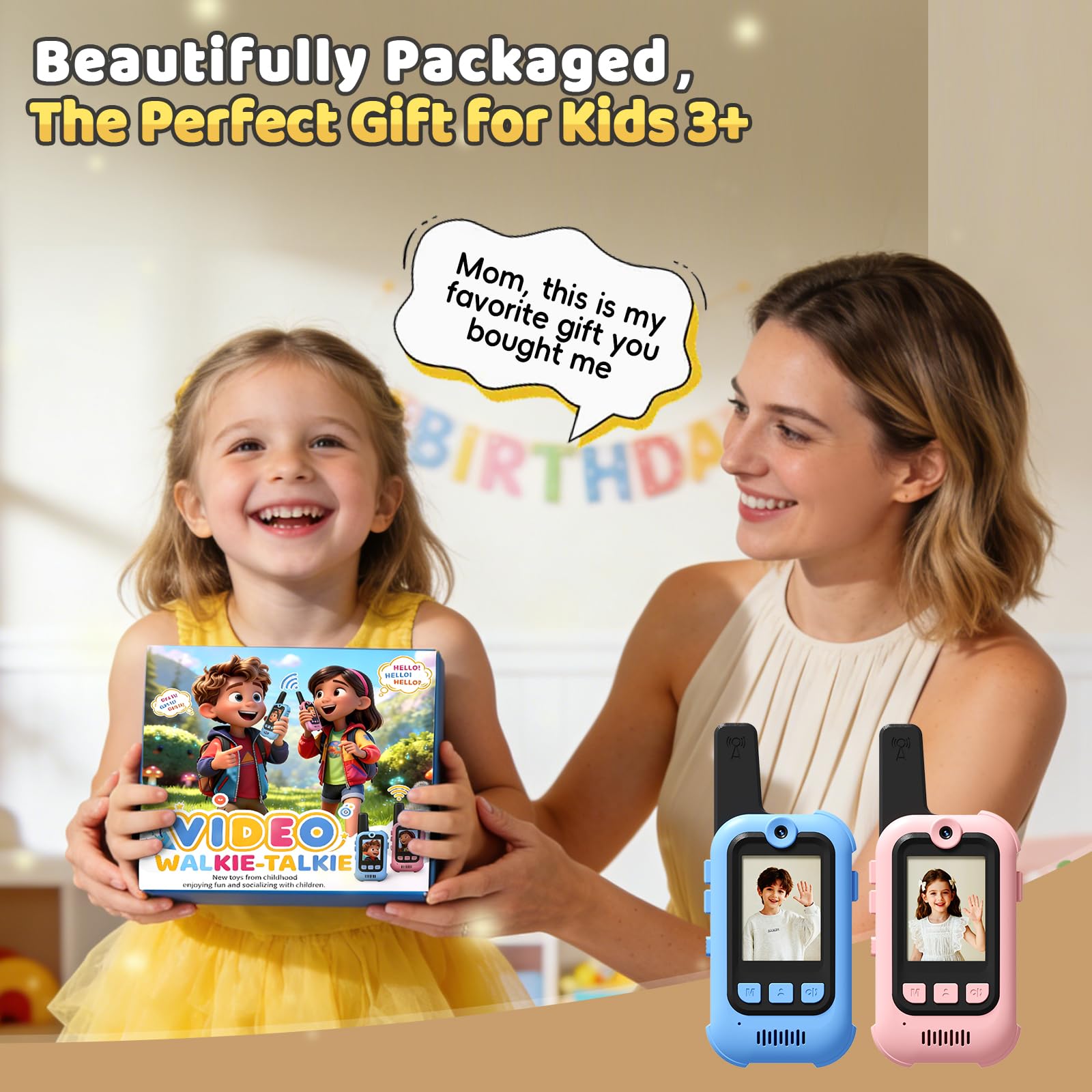 Video Walkie Talkies for Kids, 2 Pack Long Range Walkie Talkies with Screen & Voice Changer, Outdoor Toys for Boys Girls Ages 3-12, Family Games Birthday Gifts for Kids (Blue+Pink)