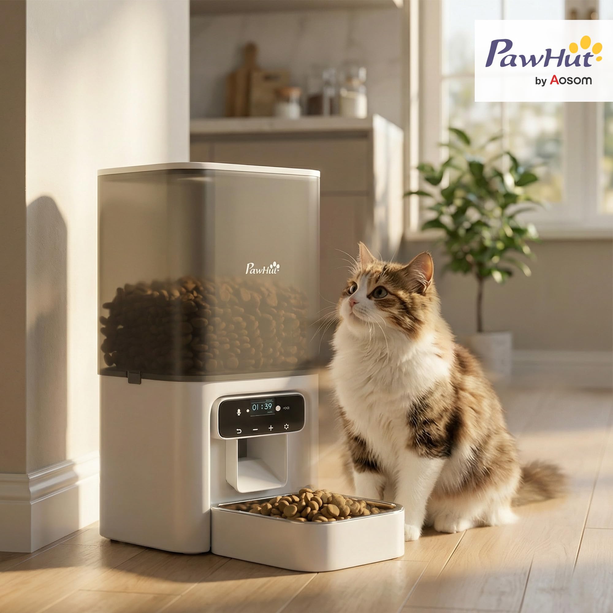 Comedero automático para gatos PawHut, dispensador de comida para gatos de 4,5 l con temporizador para hasta 6 comidas al día, grabadora de voz de 10 segundos, comedero automático programable con