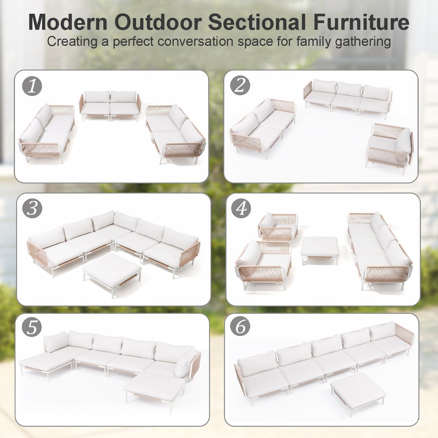 6 Piece Modern Outdoor Sectional Sofa, 31" Oversized Patio Furniture Set with Olefin Woven Rope, Weather-Resistant Metal Frame and Removable Cushion, Beige