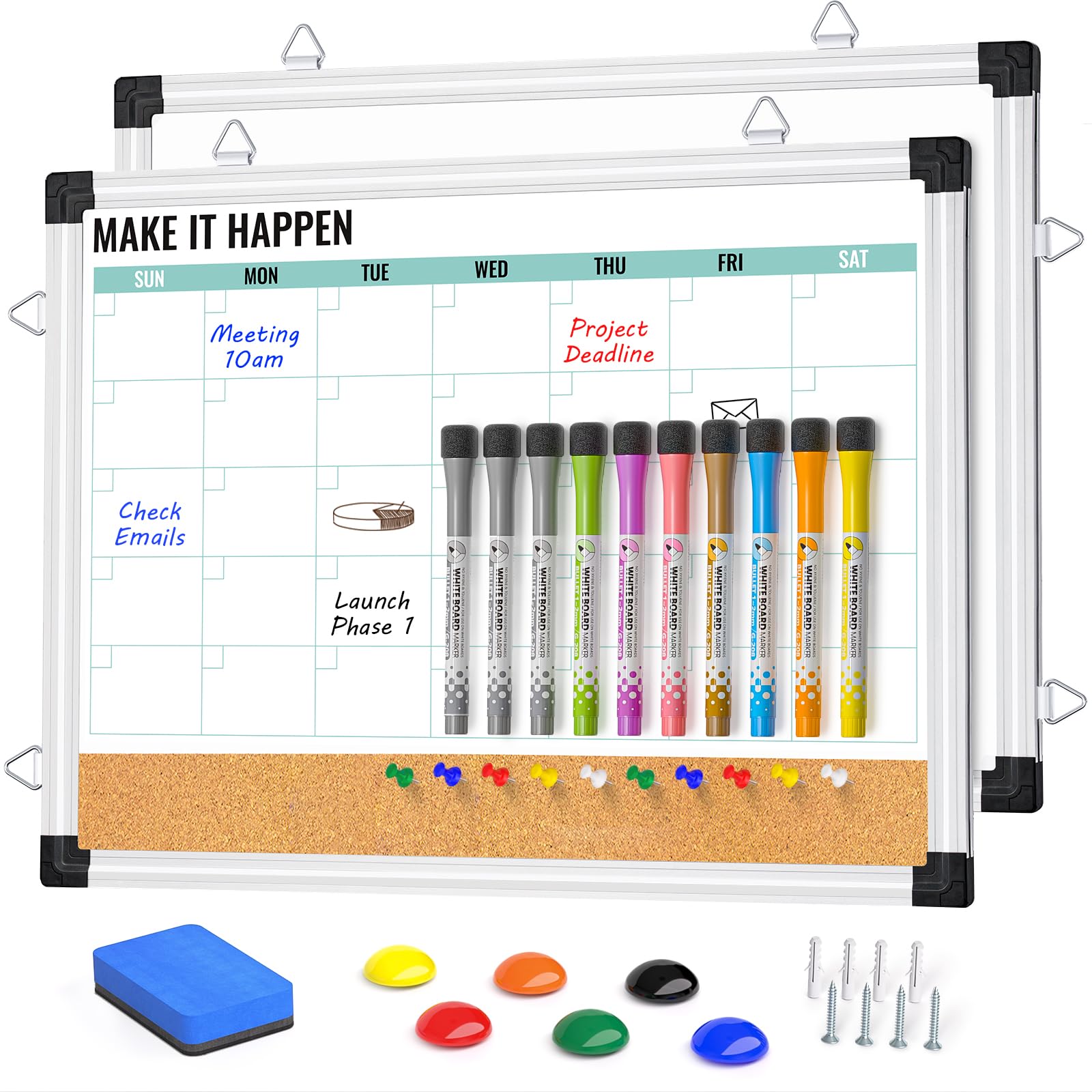 Marsrock Monthly Calendar Whiteboard and Cork Board Combo for Wall, 17"x13" Reversible Hanging Dry Erase Board, Double Sided White Board with Aluminum Frame for Planning, Office, Kitchen, School, Home