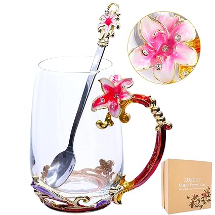Tea Cup Glass Mug Cups, Mother's Day Gifts, Handmade Lily Enamel Flower Coffee Cup with Spoon Set Unique Gift Valentine Birthday Wedding Christmas for Mom Women Grandma Teacher Friend-13 OZ Pink Tall