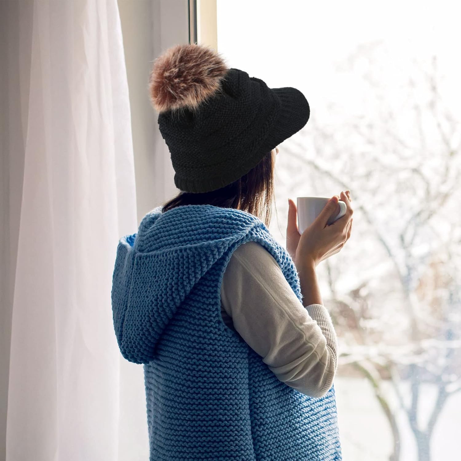 Zhanmai 4 Pcs Women Ribbed Knit Hat with Brim Pom Pom Brim Beanie Hats Soft Warm Slouchy Beanie Cap with Visor for Winter Outdoor, 4 Colors - Image 7