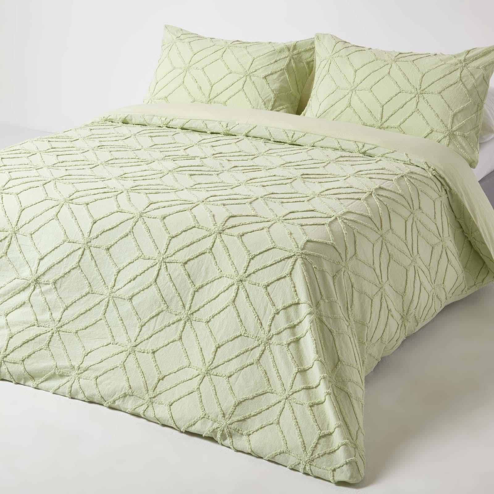 Homescapes Sage Green Double 100% Cotton Tufted Duvet Cover Set With Geometric Diamond Textured Pattern 180 Thread Count Pure Cotton Super Soft Quilt Cover With Pillowcases
