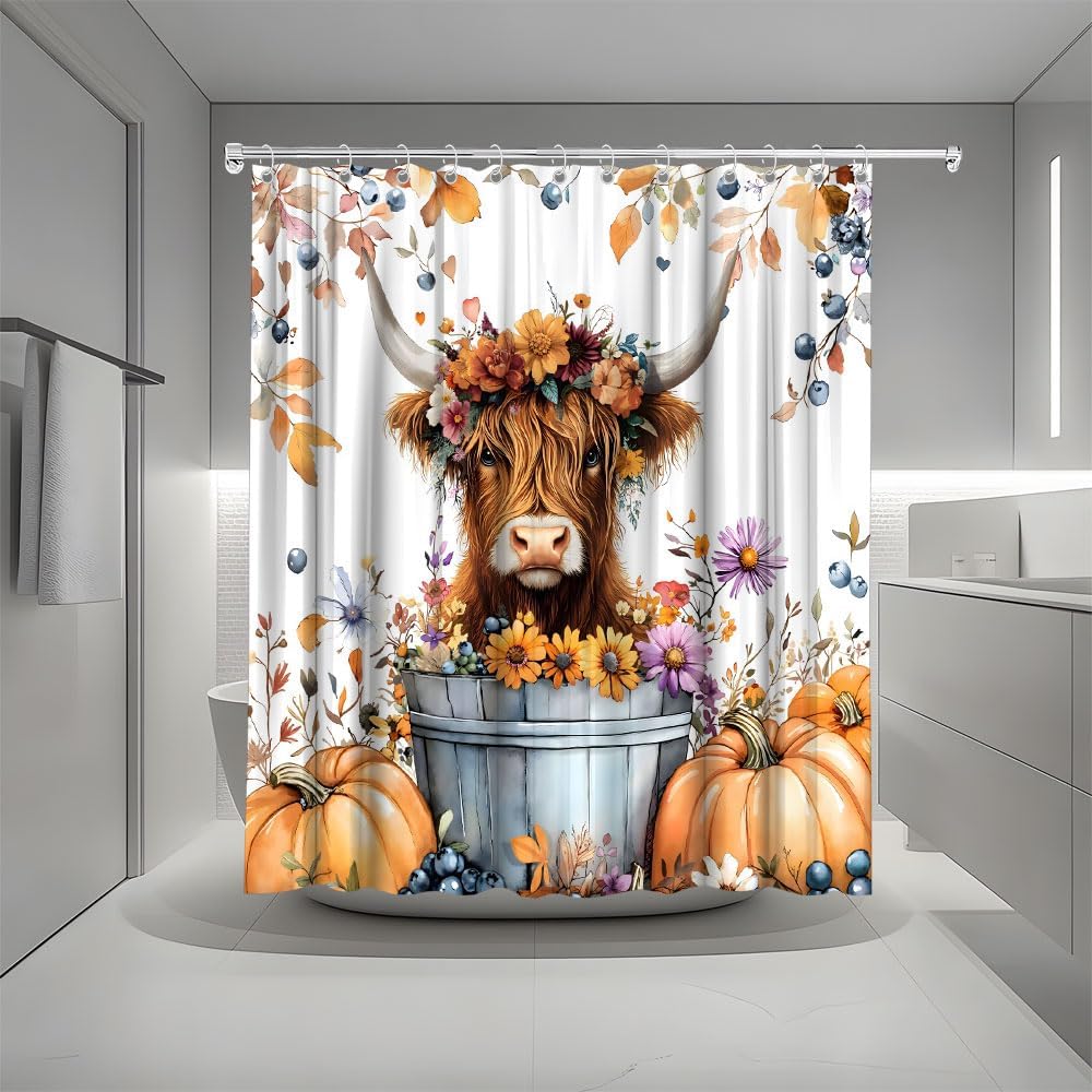 Fall Harvest Highland Cow Shower Curtain Autumn Pumpkin Floral Leaves Farmhouse Bull Watercolor Plant Bath Curtain Fabric Bathroom Accessories Decor with Hooks 90W x70L