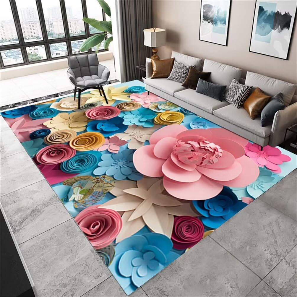Tapis long enfants effet 3D floral pour une décoration rose