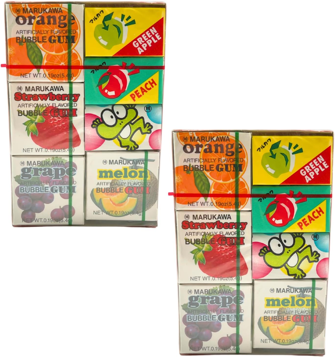 Marukawa 7 Pack Japanese Bubble Gum (2 pack) Gift Set Orange, Strawberry, Grape, Melon, Green Apple, Peach, Mixed Fruit Flavors