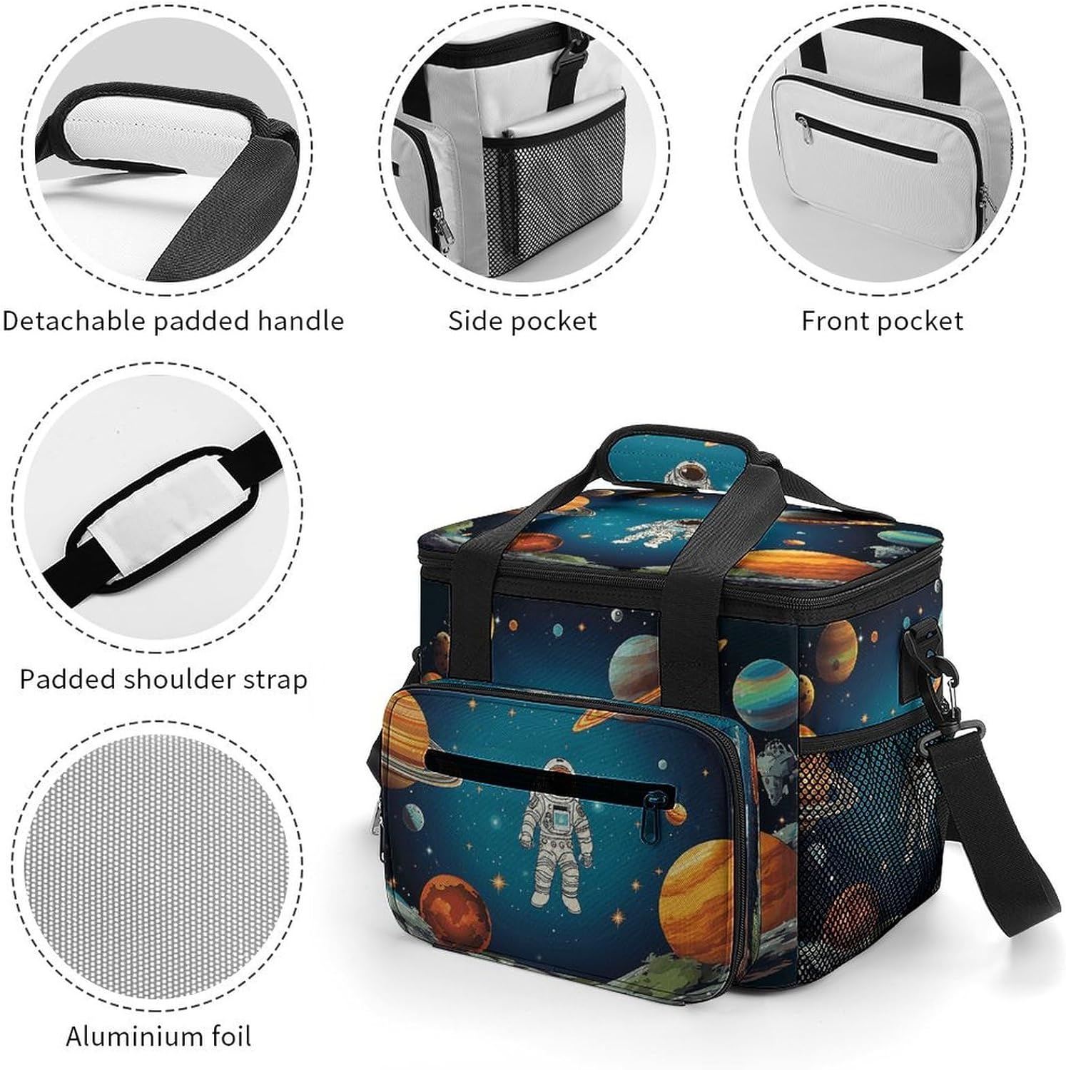 Outer Space Rocket Astronaut Cooler Bag Portable Insulated Lunch Bags Leakproof Ice Chest Large Capacity Soft Cooler Tote for Picnic Camping Work Travel Keep Food Drinks Fresh 22.5L
