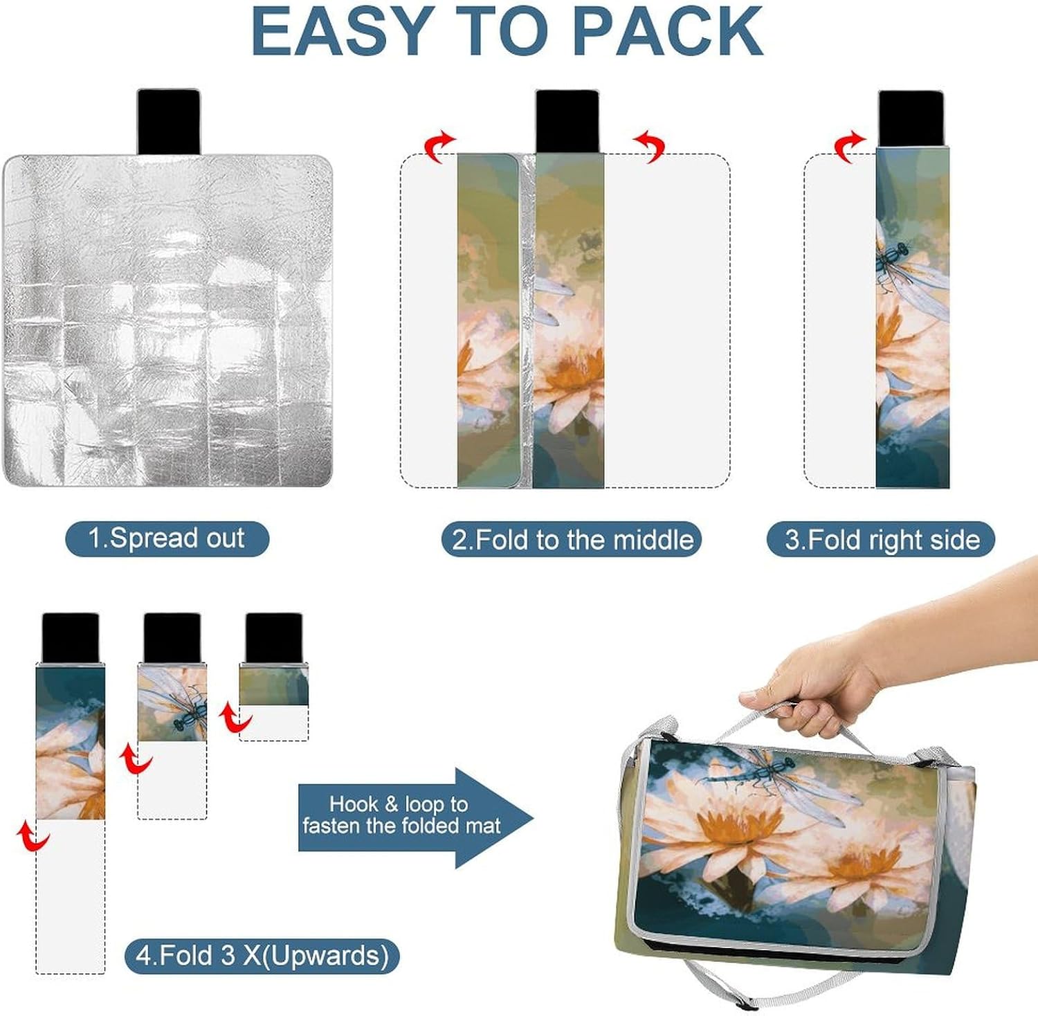 Outdoor Picnic Blanket Extra Large Beach Blanket Waterproof Picnic Mat Flying Dragonflies Lily Flower Camping Blanket Portable with Carry Strap Park Blanket for Grass Camping Park