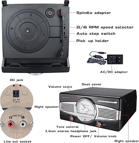 Miniatura 6 de BIGMONAT Tocadiscos de vinilo, tocadiscos de 2 velocidades con 2 altavoces estéreo integrados, tocadiscos portátil para entretenimiento y decoración