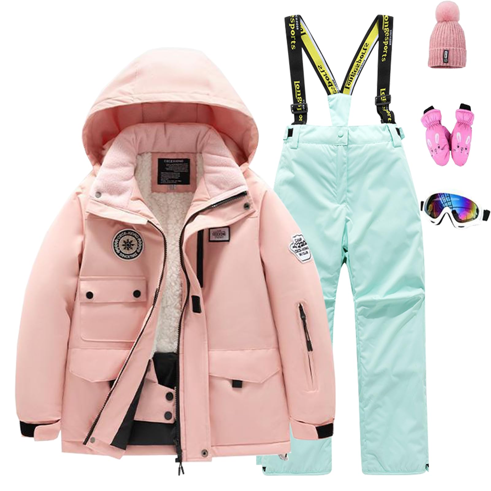 Niños Traje de Esquí Cálida Impermeable Conjunto de Nieve 5 Piezas Chaqueta+Pantalón+Guantes+Sombrero+Espejo de Esquí